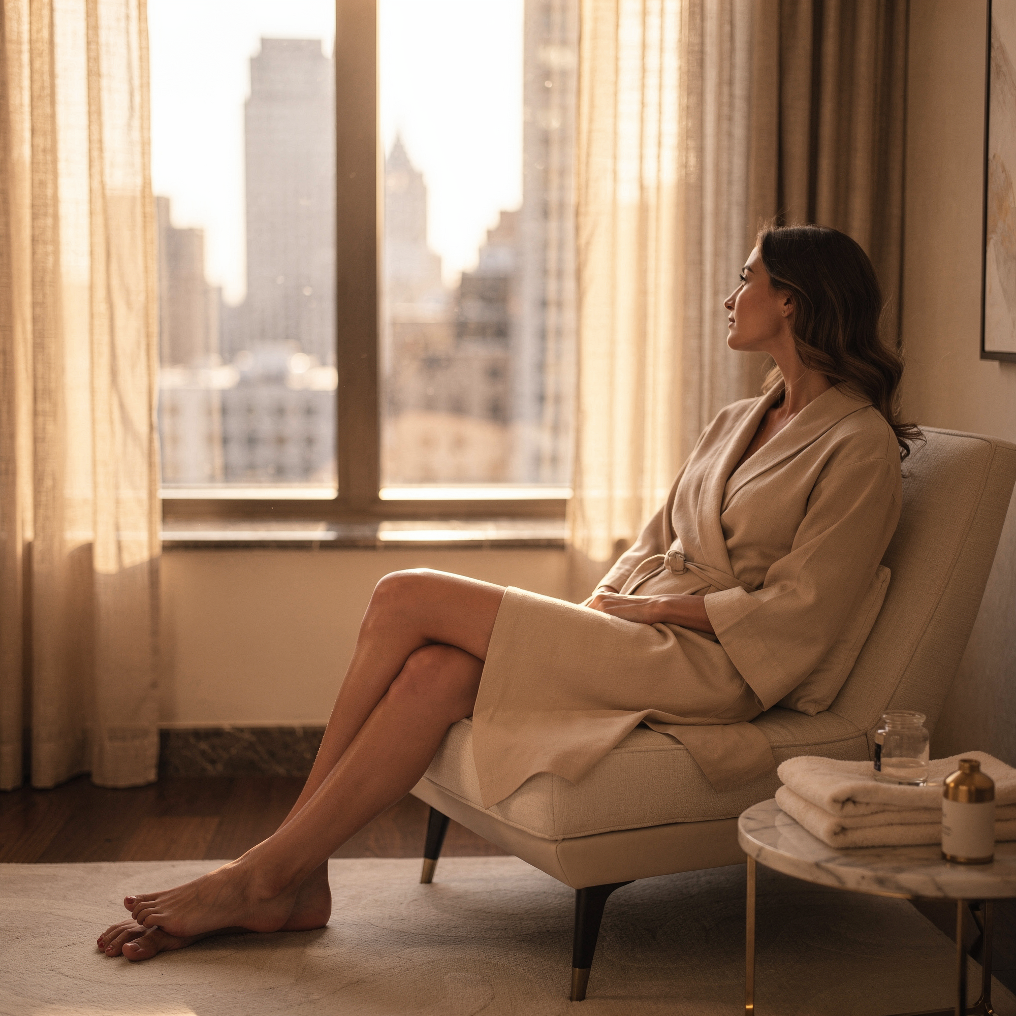 Woman seated by a window overlooking Manhattan skyline, displaying her feet